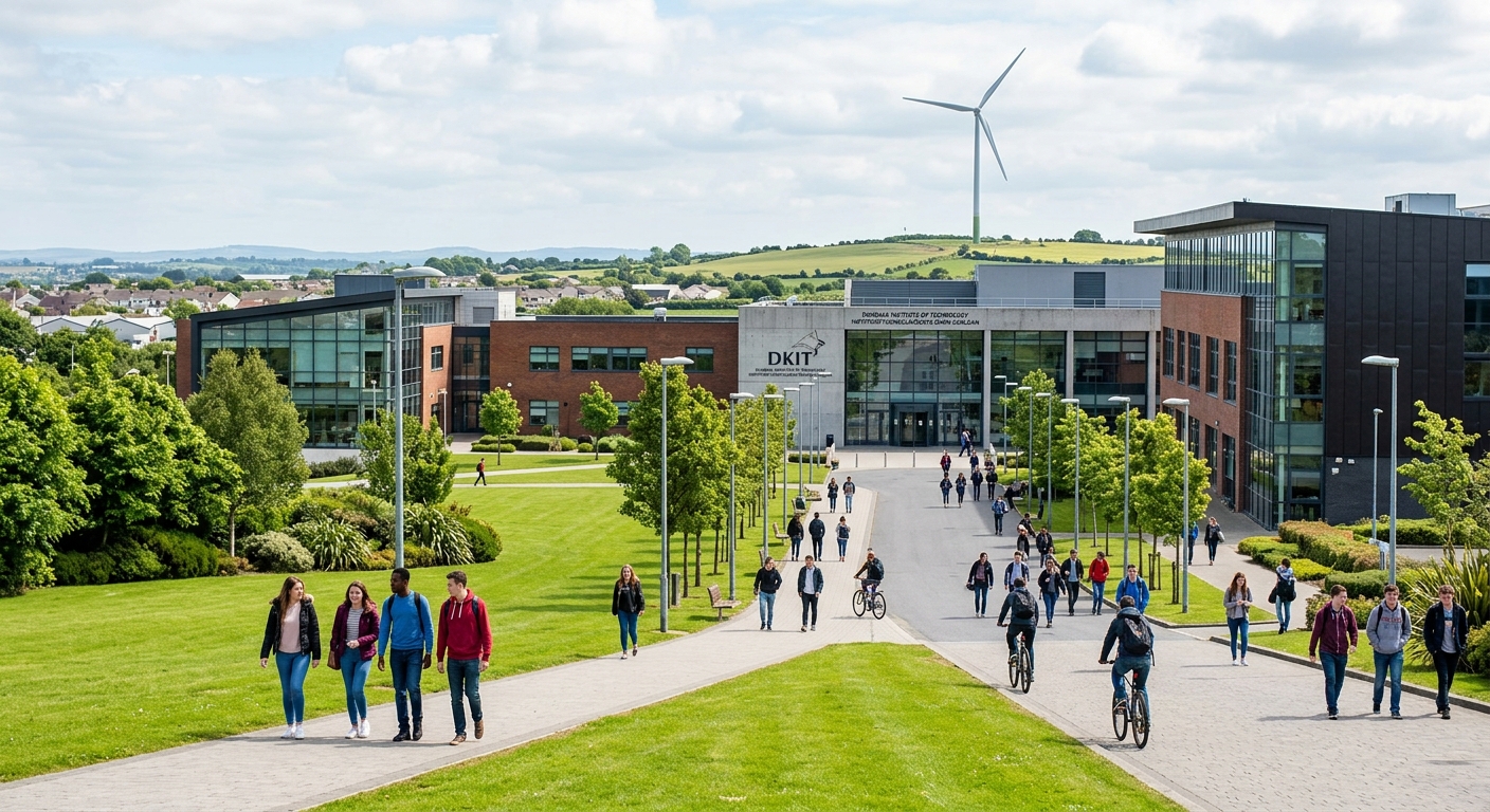 Modern campus of Dundalk Institute of Technology with green lawns, contemporary academic buildings, and students walking along pathways in Dundalk, Ireland, with a wind turbine visible in the background
