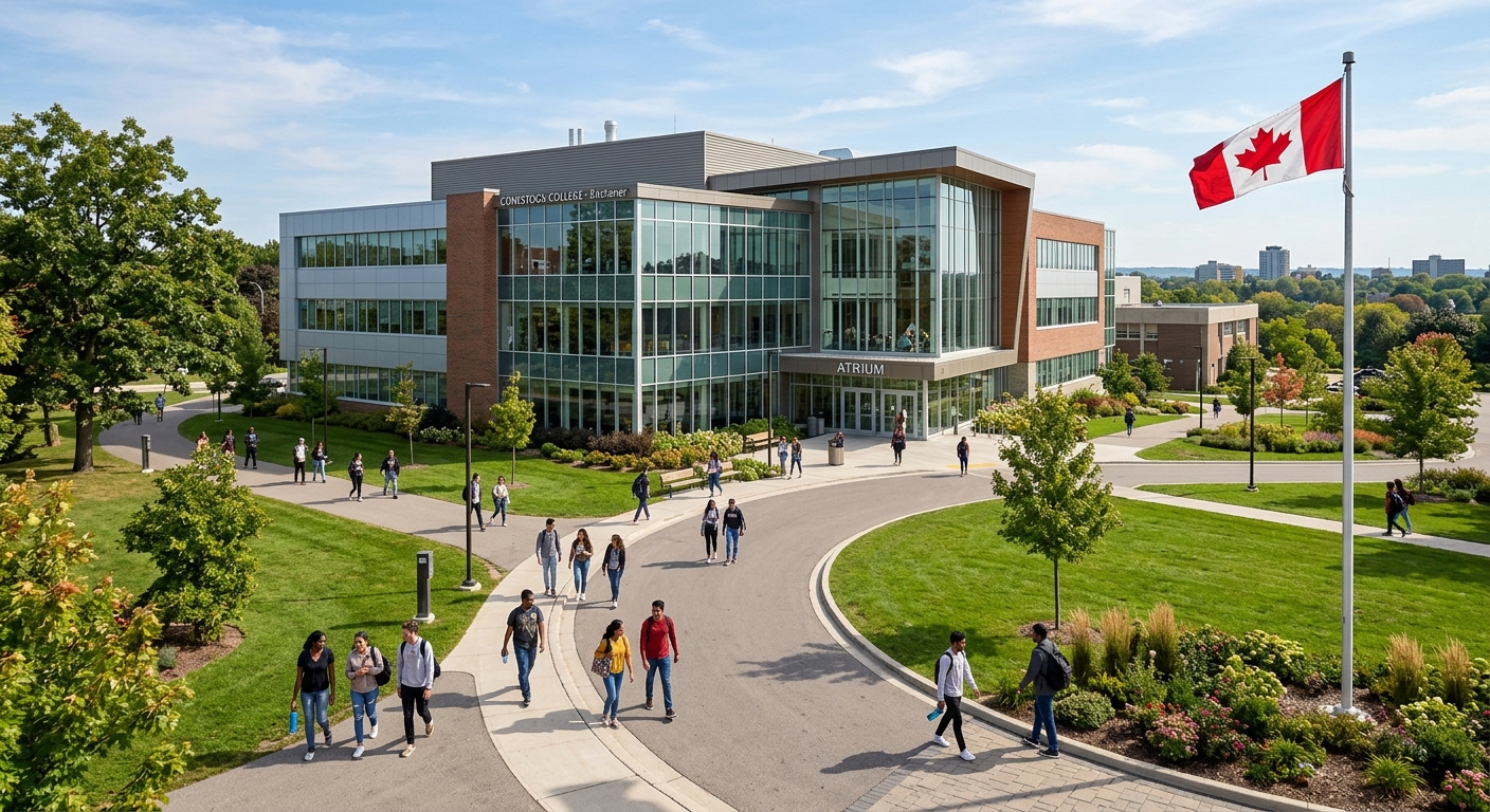 Modern Conestoga College campus building in Kitchener Ontario with green landscaped grounds, students walking along pathways, Canadian flag visible, contemporary architecture with large glass windows