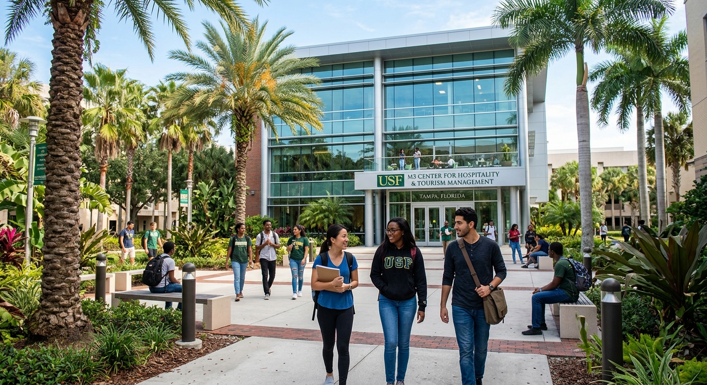 Modern university campus in Tampa Florida with palm trees, international students walking through sunlit courtyard, hospitality and tourism management building with glass facade, vibrant subtropical setting