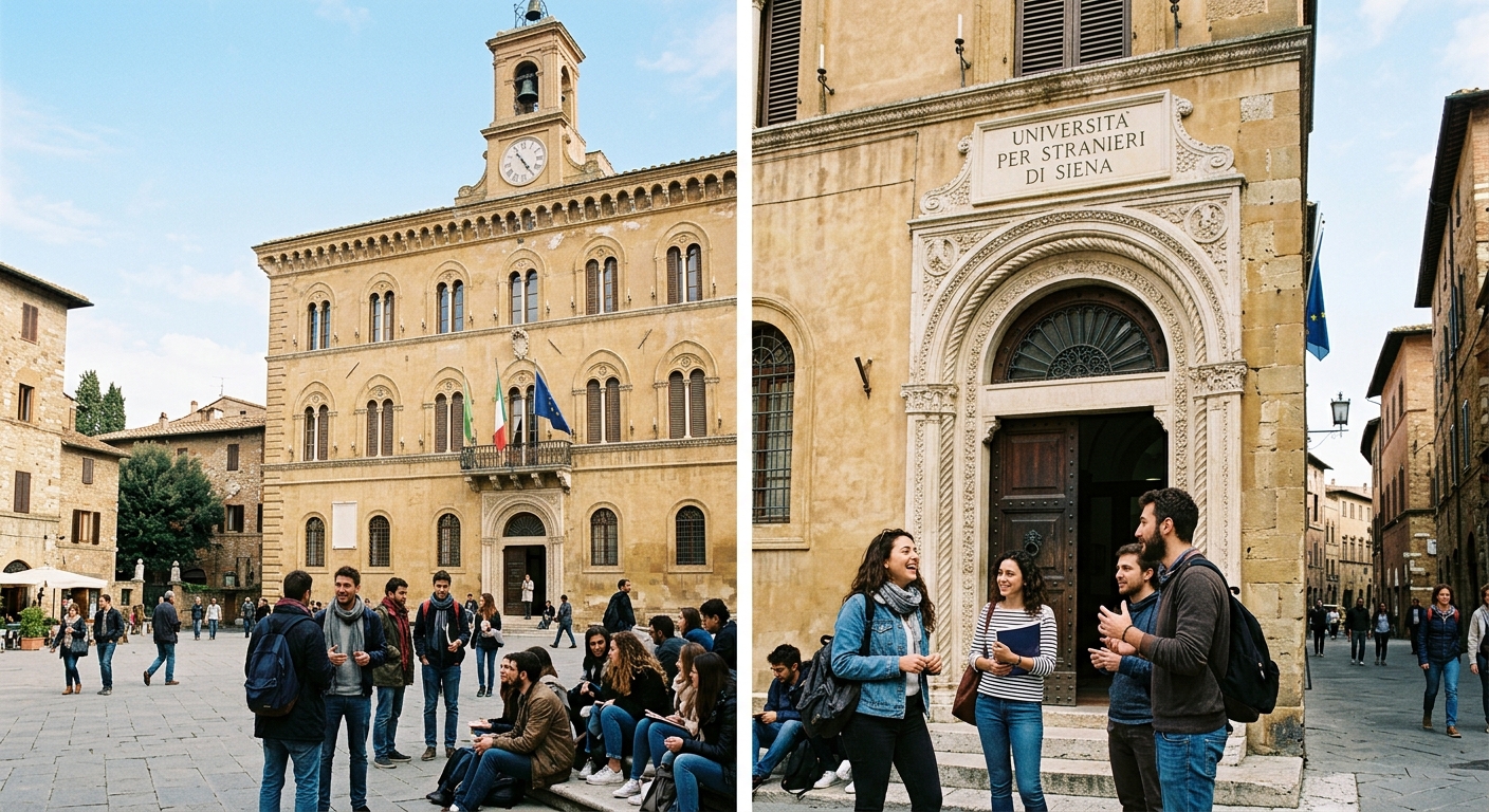 Historic entrance of University for Foreigners of Siena on Piazza Carlo Rosselli, elegant Italian Renaissance building facade, arched doorway, students gathering outside