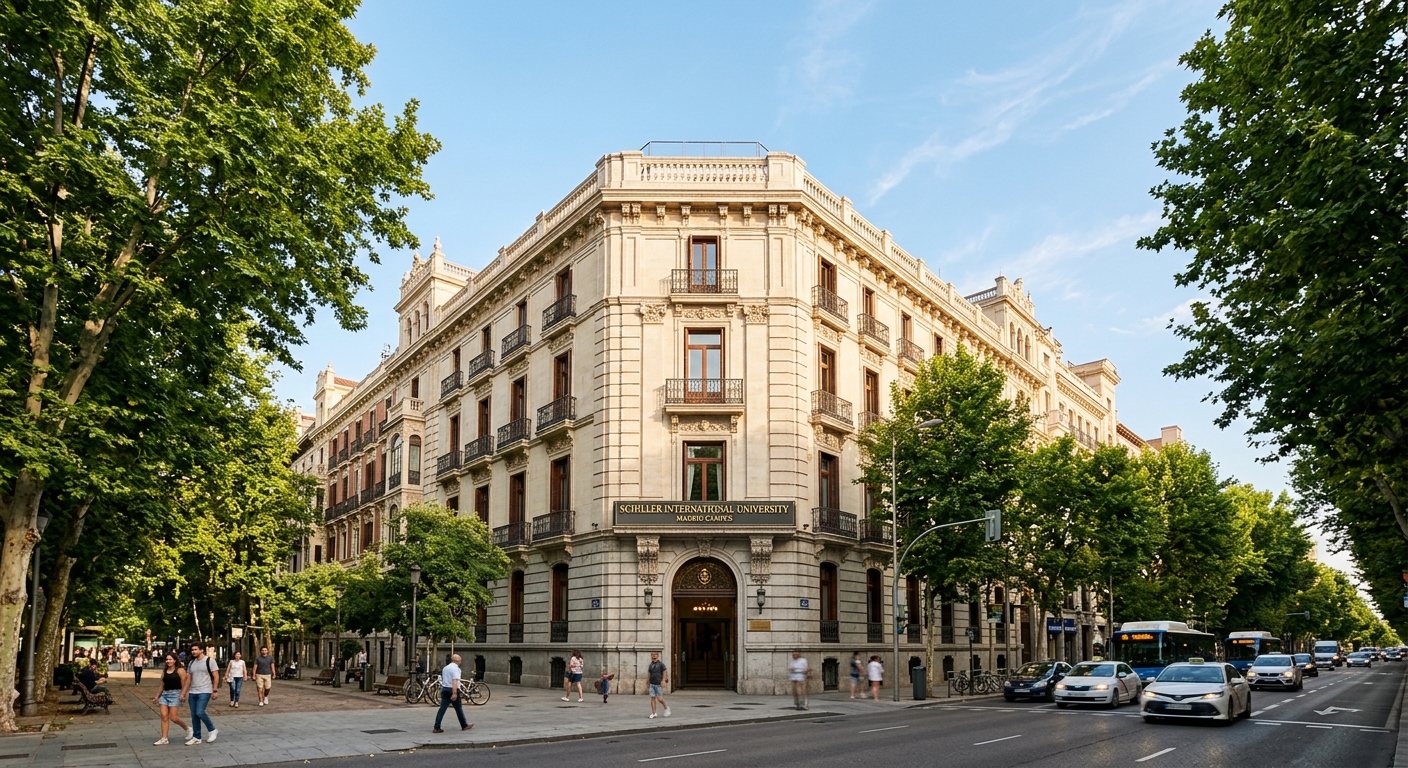 Schiller International University Madrid campus building, elegant historic facade on Paseo de Recoletos, tree-lined boulevard, warm Mediterranean sunlight