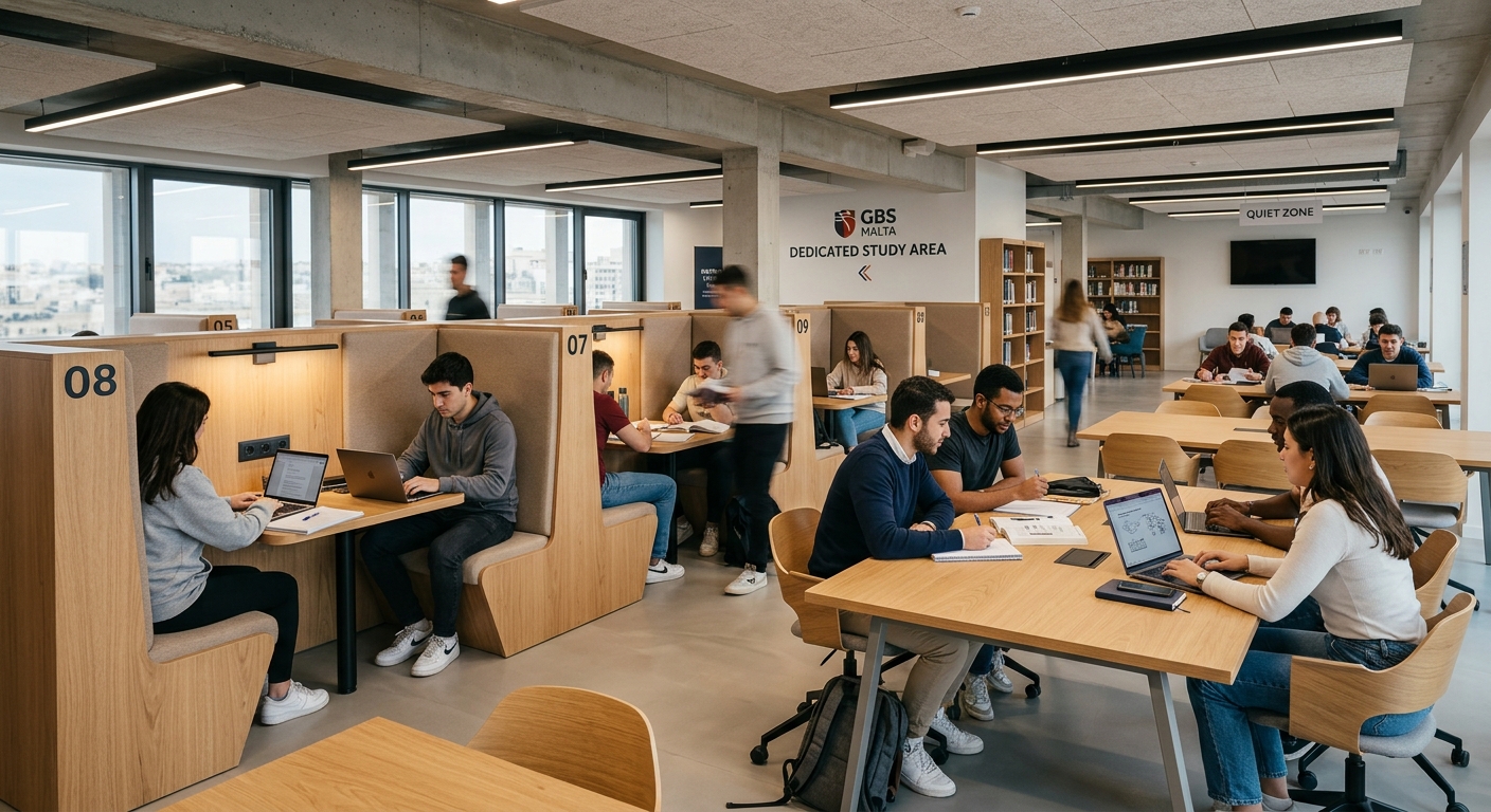 GBS Malta dedicated study area with individual booths and collaborative group tables, quiet modern interior, students studying