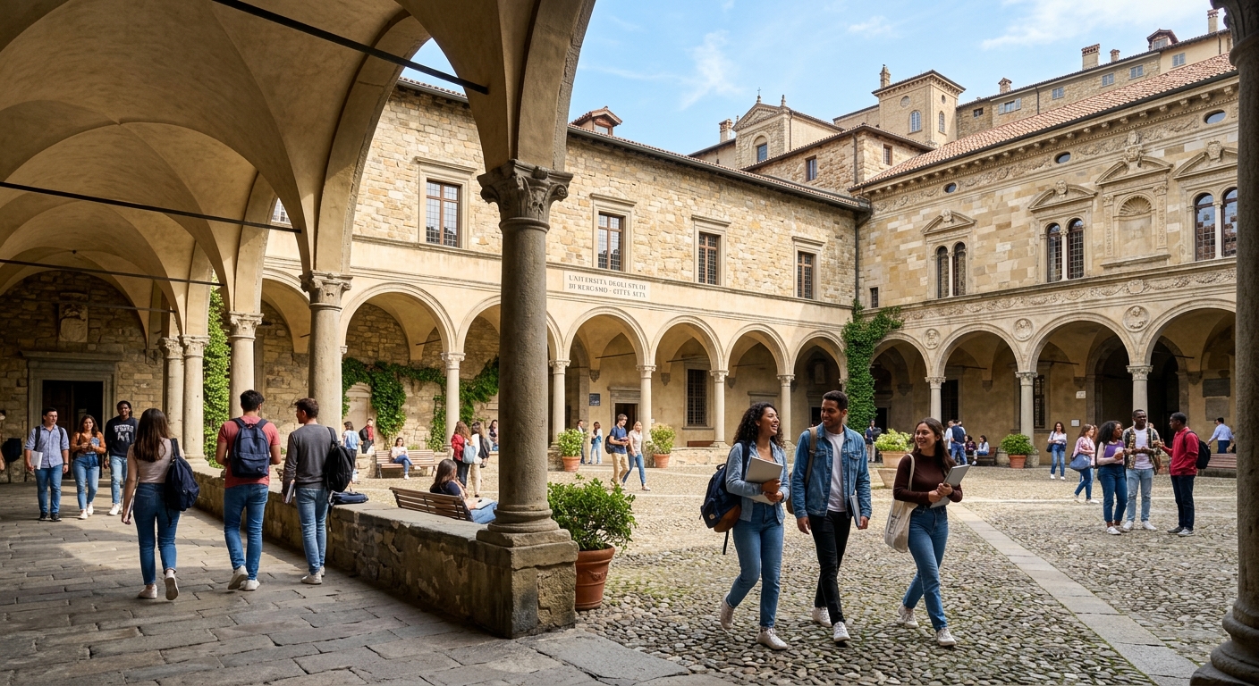 Historic Città Alta campus of the University of Bergamo with medieval stone buildings, arched walkways, and international students walking through a sunlit courtyard surrounded by Renaissance architecture in Bergamo, Italy