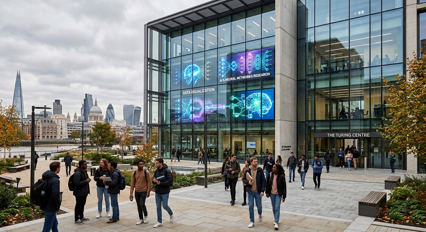 Modern university campus building in London with glass facade, students walking through courtyard, digital screens displaying AI neural network visualizations, overcast London skyline in background