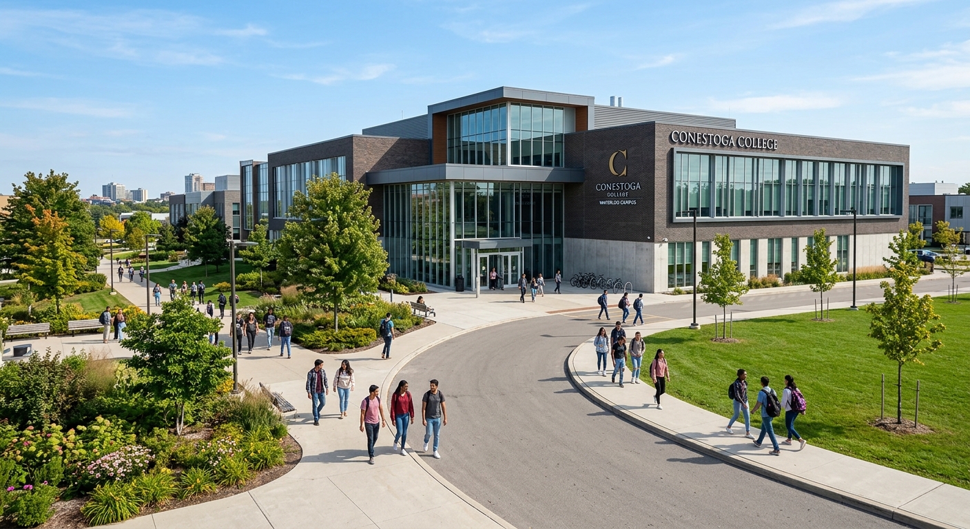 Modern Conestoga College Waterloo campus building exterior with students walking along pathways, contemporary glass and brick architecture, green landscaping, Canadian college campus setting with clear sky