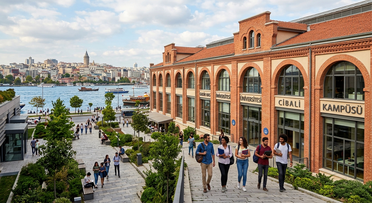 Kadir Has University historic Cibali campus building along the Golden Horn waterfront in Istanbul, Turkey, with restored Ottoman-era tobacco factory architecture blending modern academic facilities, students walking through courtyard