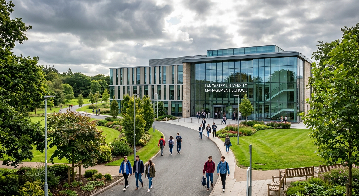 Lancaster University Management School building exterior with modern glass facade, green parkland campus setting, students walking along tree-lined pathways, overcast English sky with hints of sunlight