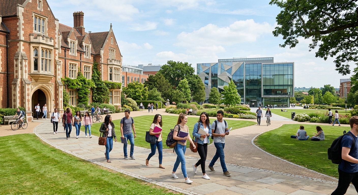 Modern university campus in southwest London with green parkland, students walking between historic college buildings, state-of-the-art media centre visible in background, bright daylight