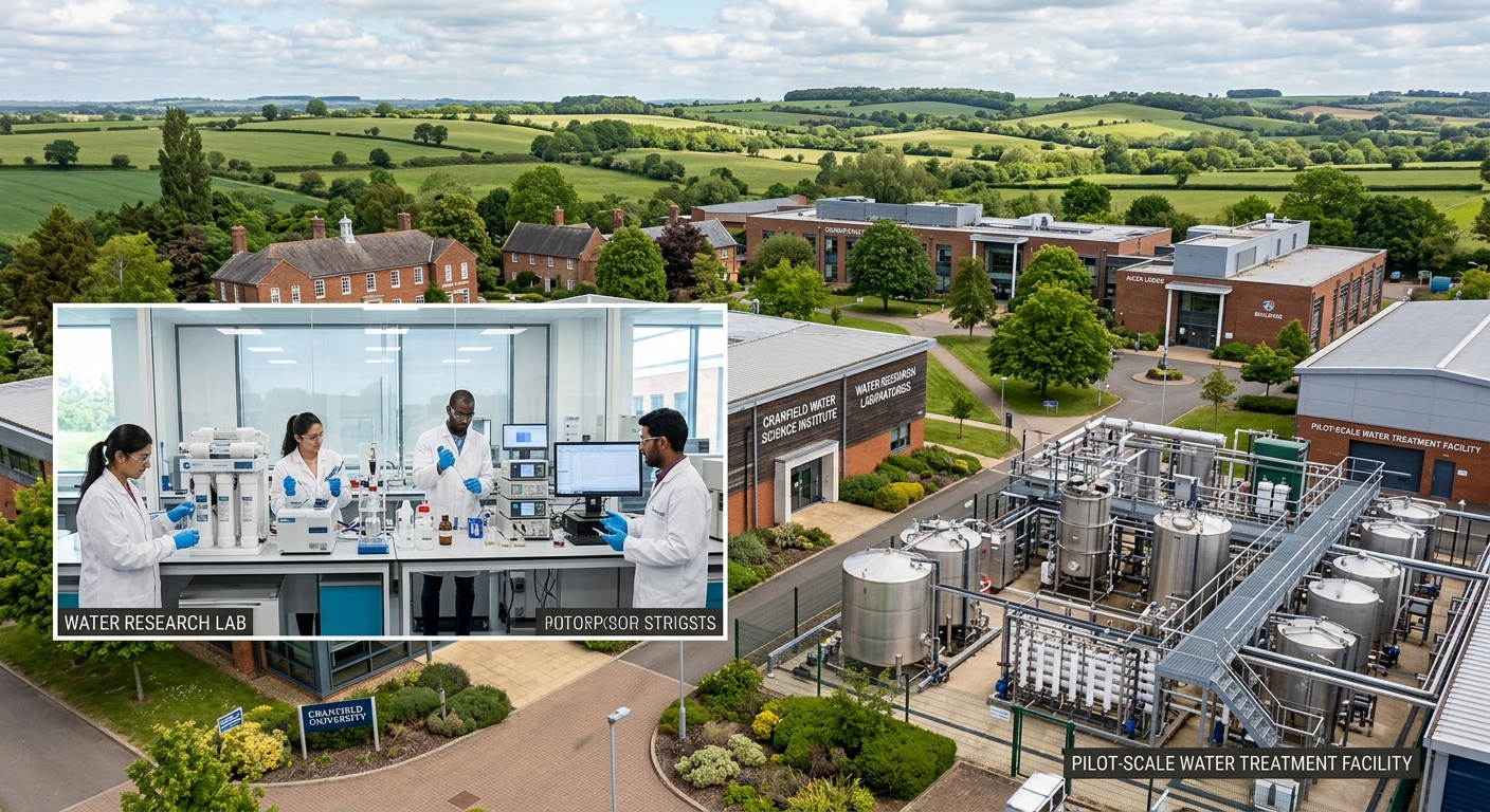 Cranfield University campus with modern water research laboratories, pilot-scale water treatment facilities, green English countryside surroundings, and postgraduate students conducting experiments in a water science laboratory