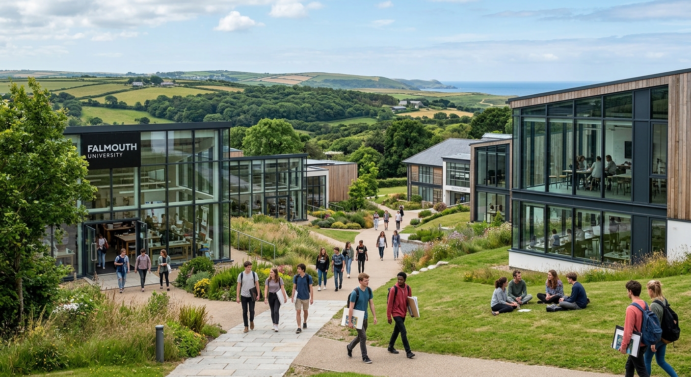 Penryn Campus of Falmouth University, modern buildings set in rolling green parklands, students walking between glass-fronted studios and creative workshops, Cornwall countryside backdrop