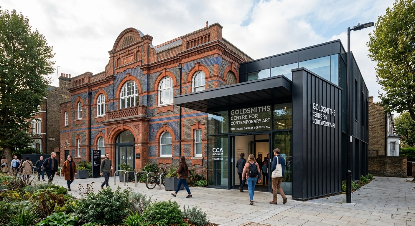 Goldsmiths Centre for Contemporary Art exterior, converted Victorian bathhouse building with modern gallery entrance, people entering the free public gallery space