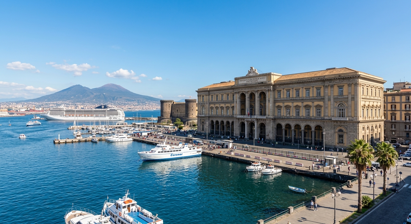 Parthenope University main building on Via Acton, neoclassical waterfront architecture with Naples harbor in foreground, blue Mediterranean sea, clear sky
