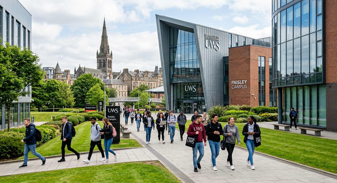 UWS Paisley campus modern academic buildings with students walking between classes, contemporary architecture, green landscaping, Scottish town centre setting