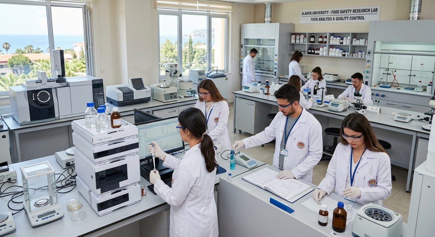 Alanya University research laboratory interior, students working with scientific equipment, food safety analysis instruments, bright modern lab setting