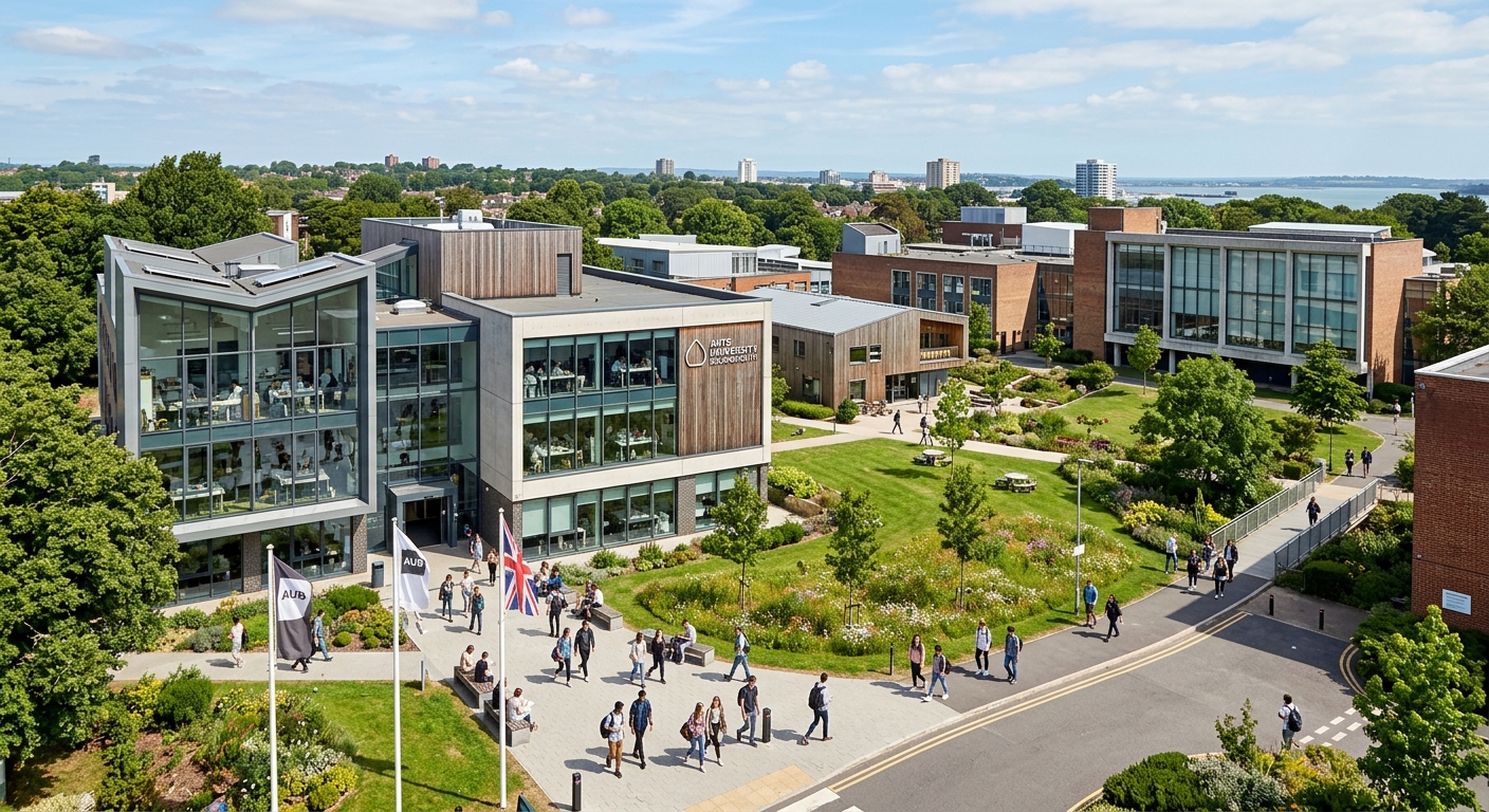 Arts University Bournemouth campus wide shot showing modern award-winning architecture, creative studio buildings with large windows, green landscaped grounds, students walking between buildings on a bright day in Poole, England