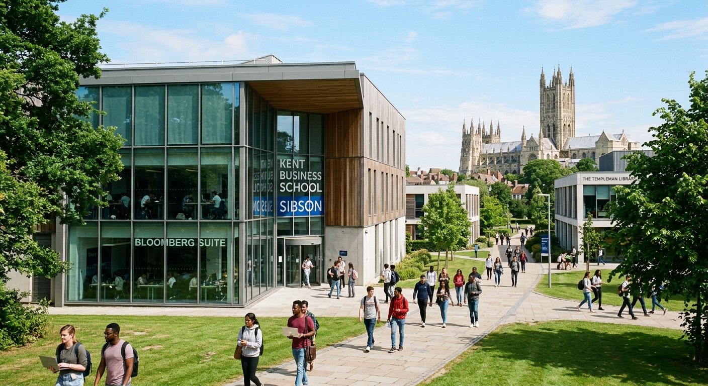 Modern Kent Business School Sibson building with Bloomberg suite, Canterbury campus green parkland, students walking between contemporary academic buildings with Canterbury Cathedral visible in the background