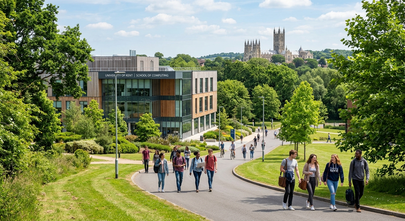 University of Kent Canterbury campus with modern computing building, green parkland surroundings, students walking along tree-lined paths, historic Canterbury Cathedral visible in the background, bright daylight