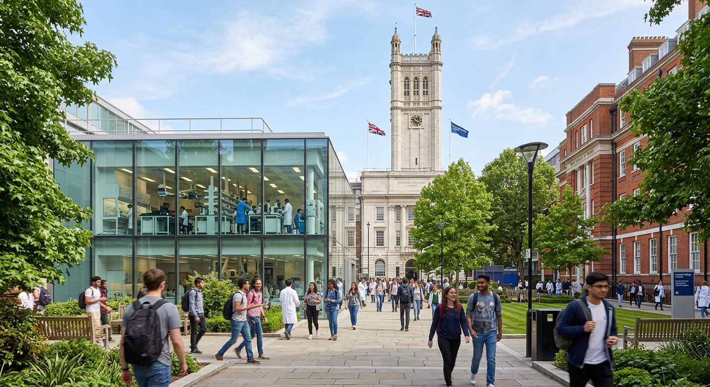 Imperial College London South Kensington campus exterior with Queen's Tower, modern bioengineering laboratory equipment visible through glass windows, students walking across campus courtyard on a bright day