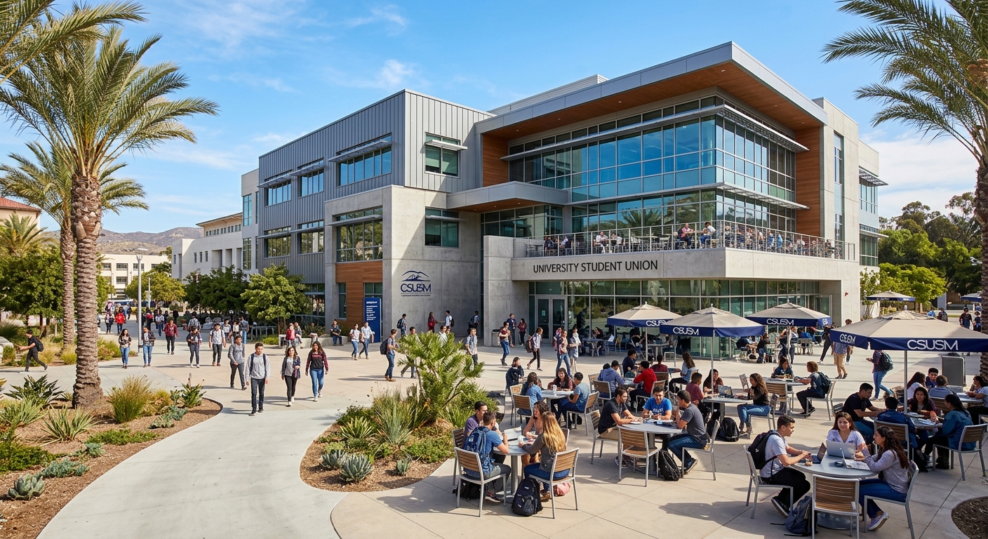 University Student Union at CSUSM, modern student center building with outdoor seating areas, students socializing, palm trees and Southern California sunshine