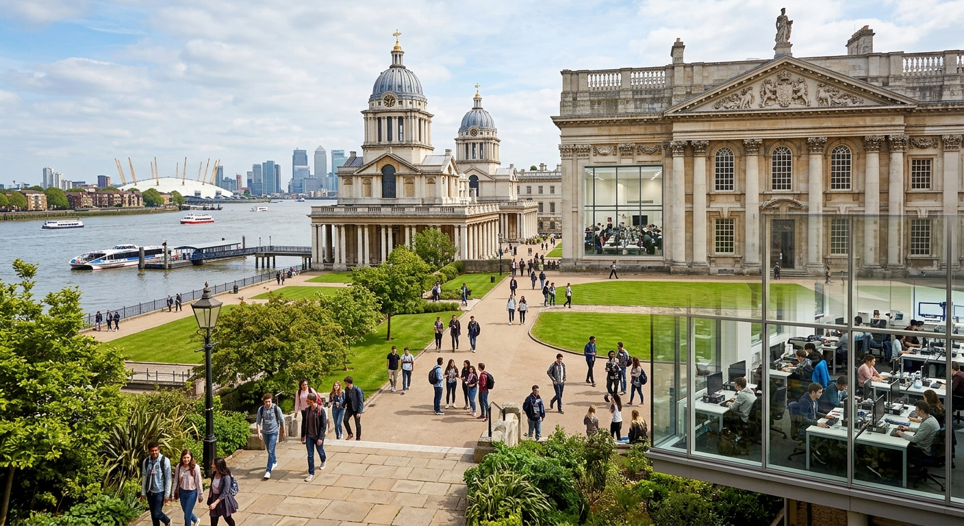 University of Greenwich historic campus buildings along the River Thames in southeast London, featuring baroque architecture of the Old Royal Naval College, students walking through green courtyards with modern computing labs visible through windows