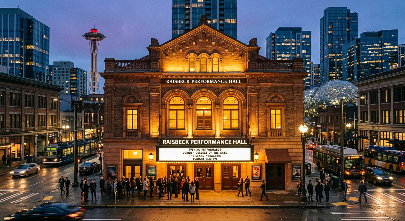 Raisbeck Performance Hall exterior, historic building with warm lighting, Seattle urban backdrop, evening performance setting