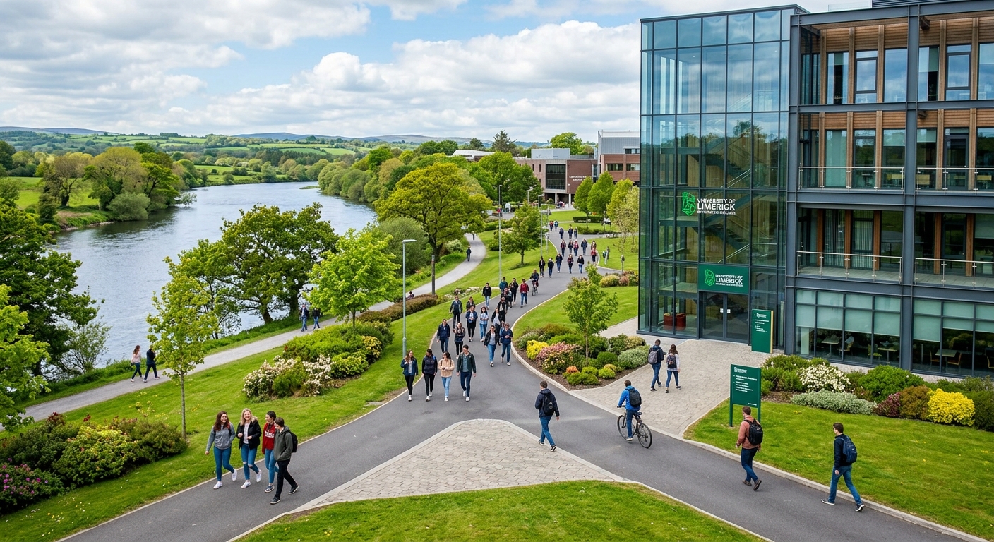 University of Limerick campus along the River Shannon, modern engineering building with glass facade, green Irish landscape, students walking between lecture halls on a bright day