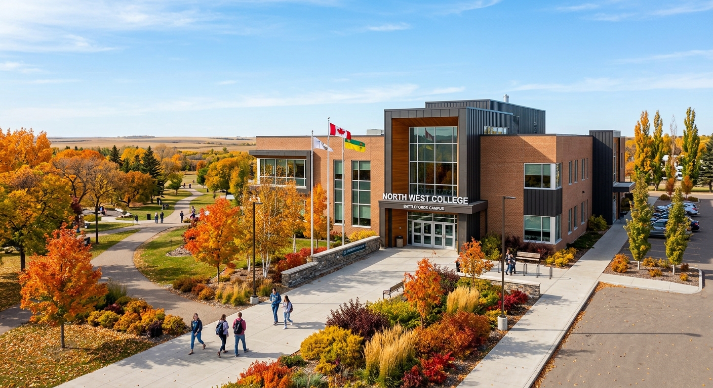 North West College campus building in North Battleford Saskatchewan, modern educational facility bordering Centennial Park, Canadian prairie landscape, clear sky, autumn foliage
