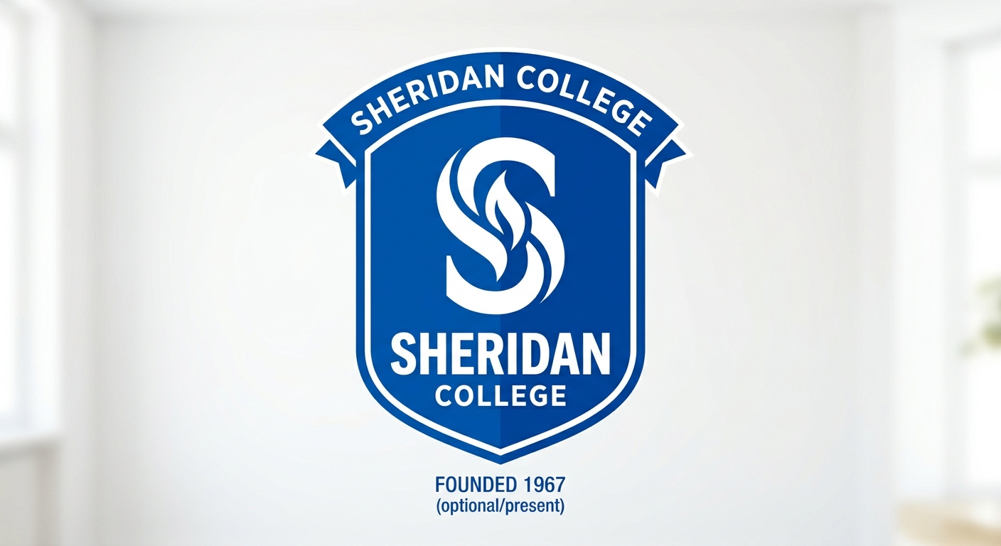 Sheridan College official logo, blue and white shield emblem with stylized S and institution name in bold text
