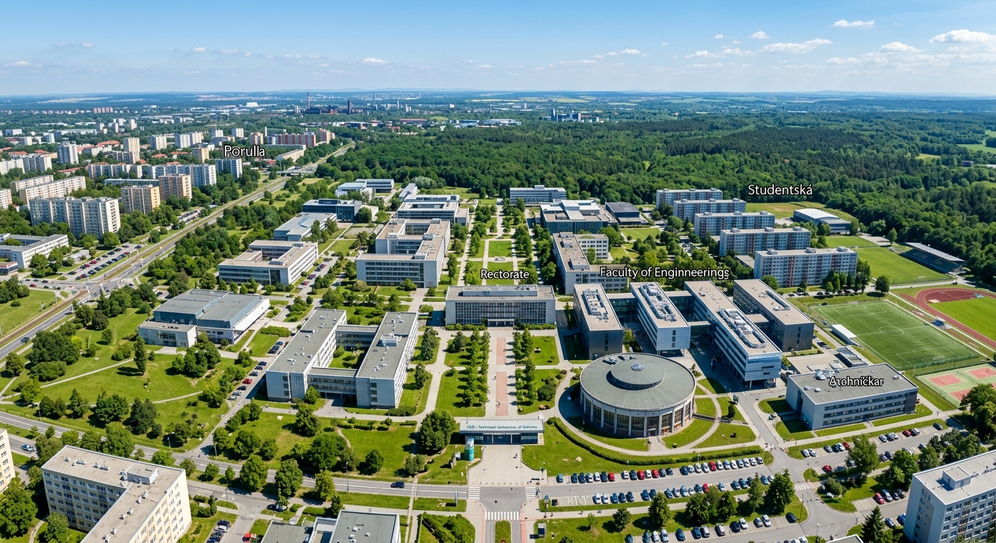 Aerial view of VSB Technical University of Ostrava main campus in Ostrava-Poruba, modern university buildings surrounded by green parkland and forest, Czech Republic, clear sky