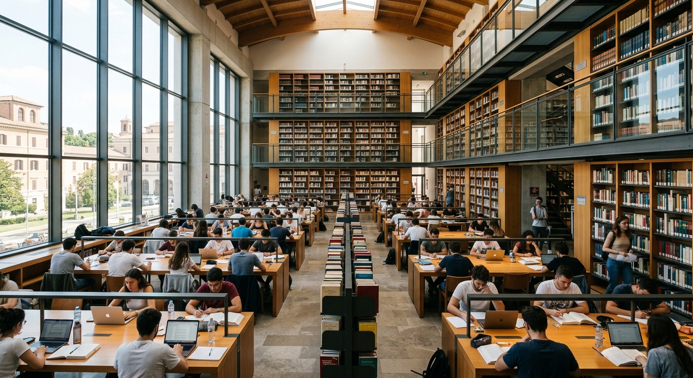 Modern interior of Sapienza University library with tall bookshelves, reading desks, natural light streaming through large windows, students studying