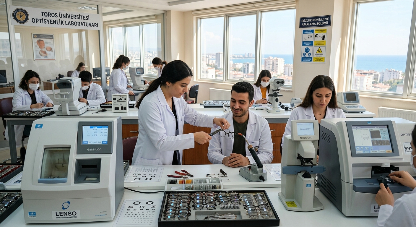 Modern opticianry laboratory at Toros University in Mersin Turkey, students practicing lens fitting and frame adjustment with optical equipment, bright clinical setting with Mediterranean light