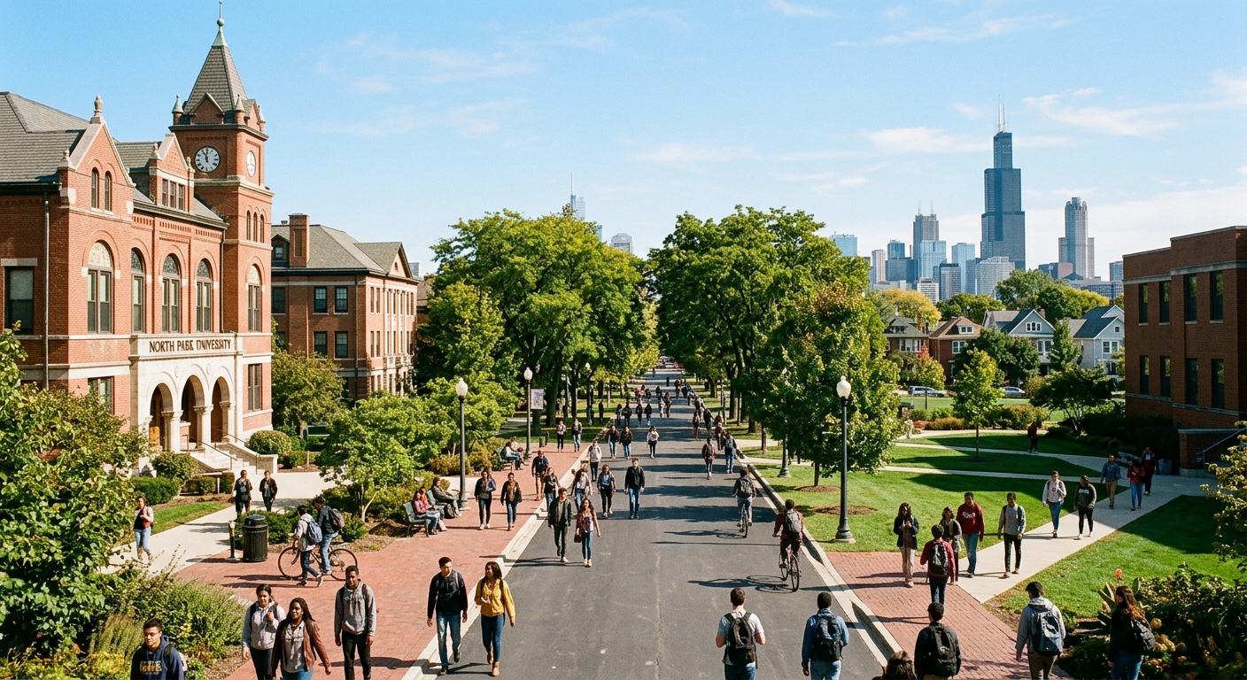 North Park University campus in Chicago with tree-lined walkways, historic brick buildings, students walking between classes on a sunny day, urban skyline visible in the background