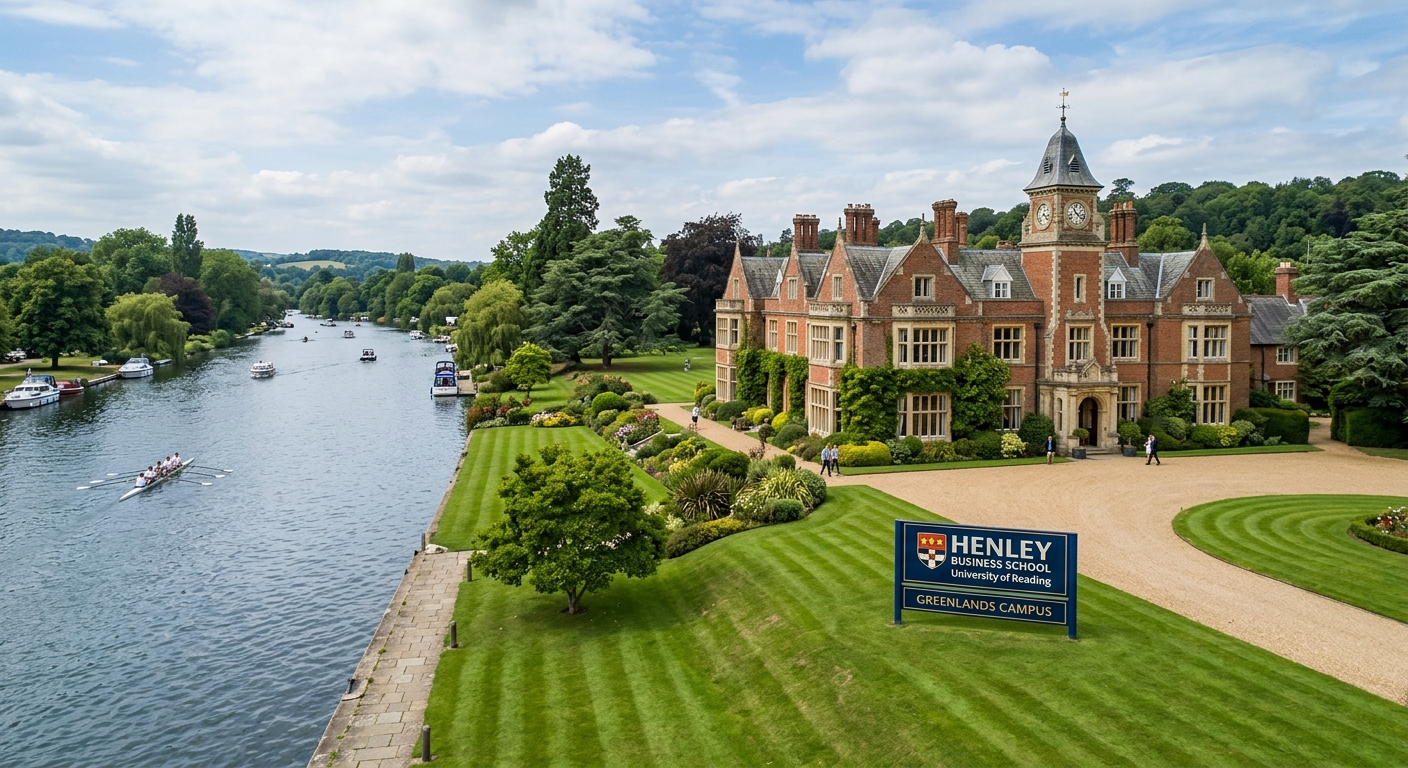 Greenlands campus elegant Victorian country house on the banks of the River Thames, green gardens, Henley Business School signage