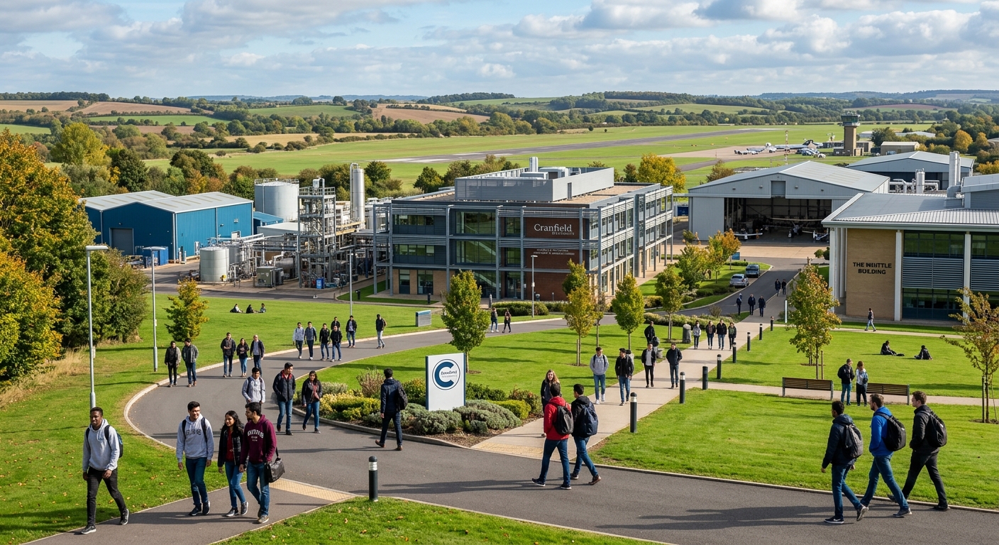 Cranfield University campus with modern engineering buildings, pilot plant facilities, green lawns, and students walking along pathways in the English countryside of Bedfordshire, United Kingdom