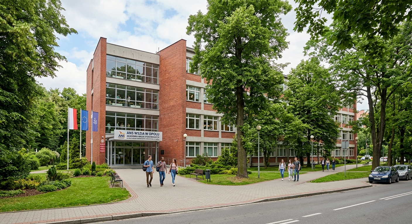 Main building of ANS WSZiA at Niedzialkowskiego 18 in Opole, a multi-story academic building surrounded by green trees on Pasieka island, with students walking near the entrance