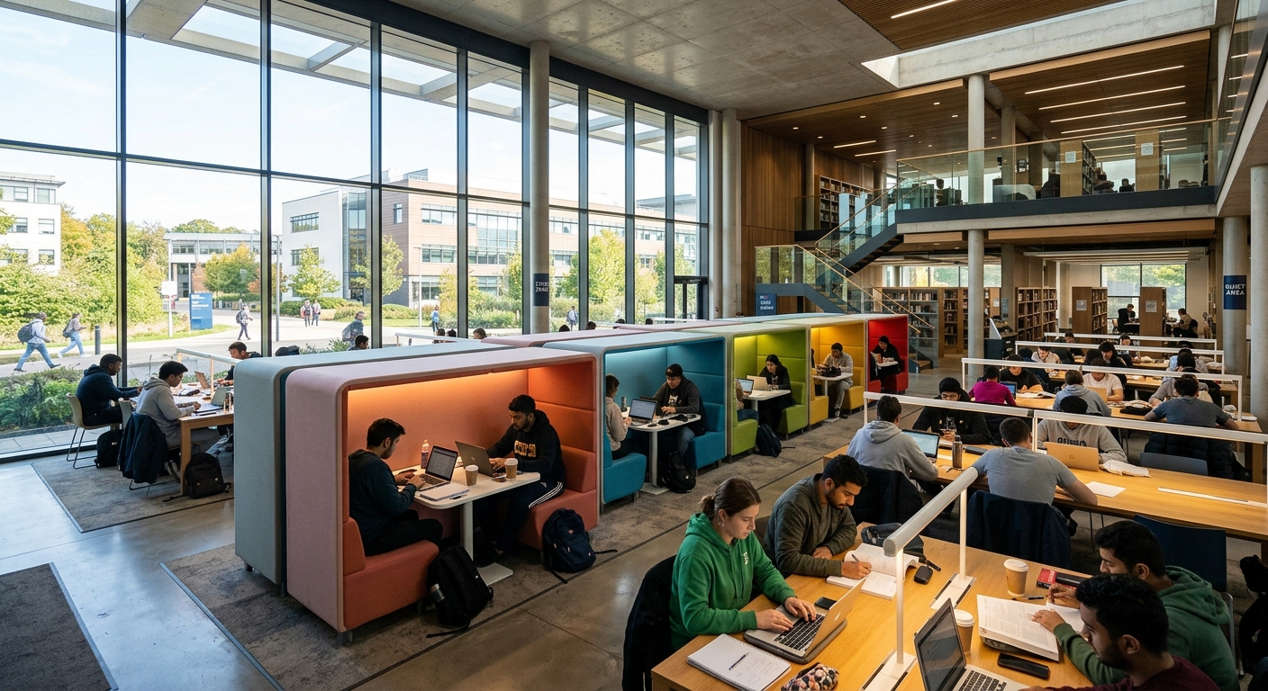 Brunel University 24/7 library interior with modern study pods, floor-to-ceiling windows, and students studying at desks