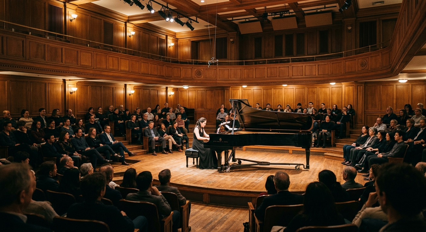 Mannes School of Music performance hall interior, warm wood paneling, concert grand piano on stage, intimate recital space with tiered seating