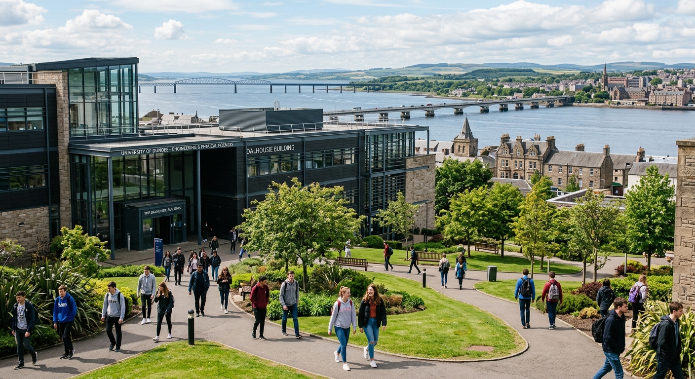 University of Dundee campus overlooking the River Tay in Scotland, modern engineering building with students walking through a green courtyard, bright daylight with Scottish architecture in the background