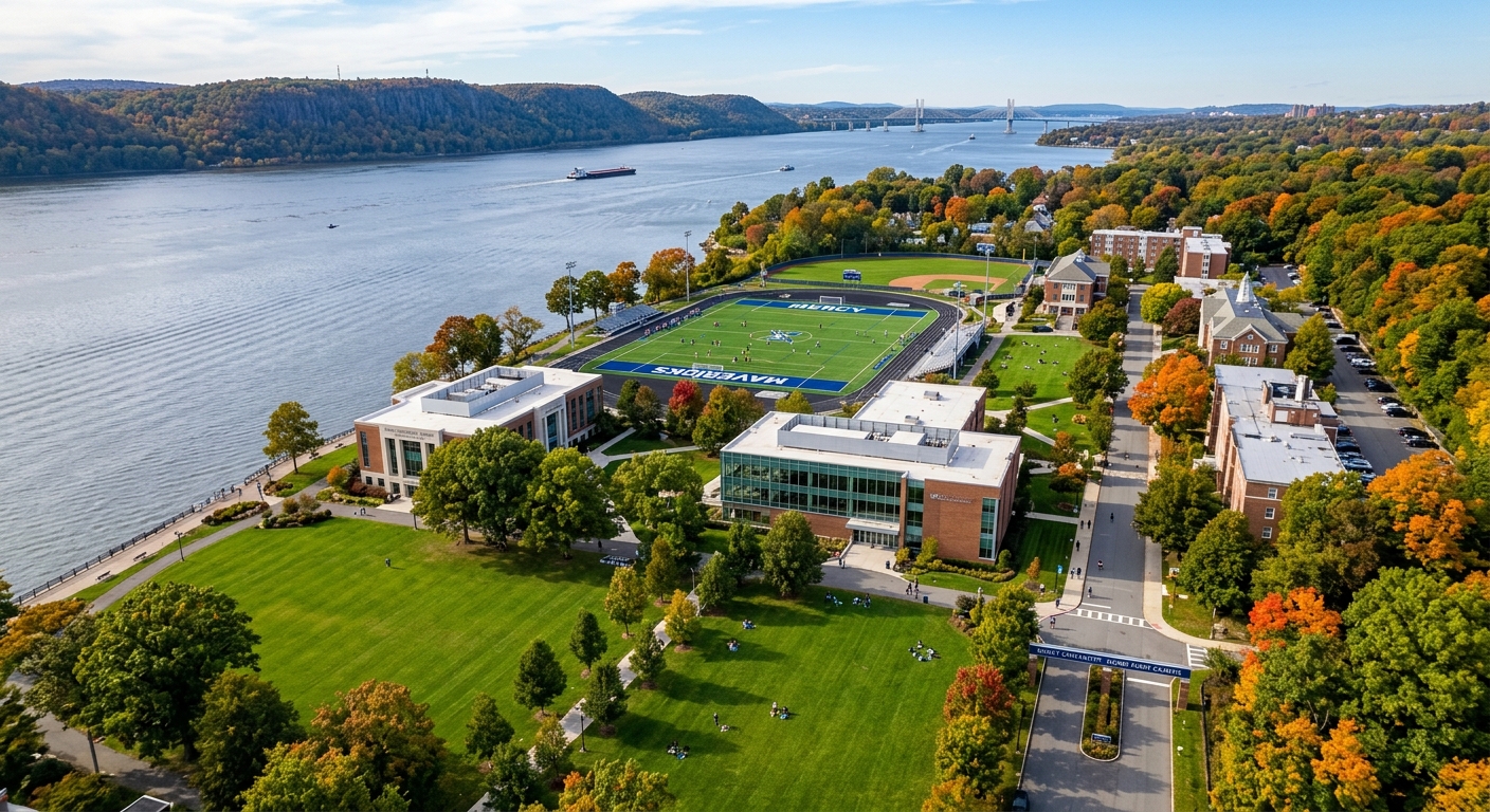 Mercy University Dobbs Ferry main campus along the Hudson River, scenic waterfront setting with green lawns, modern buildings, athletic fields, and tree-lined pathways in Westchester County New York