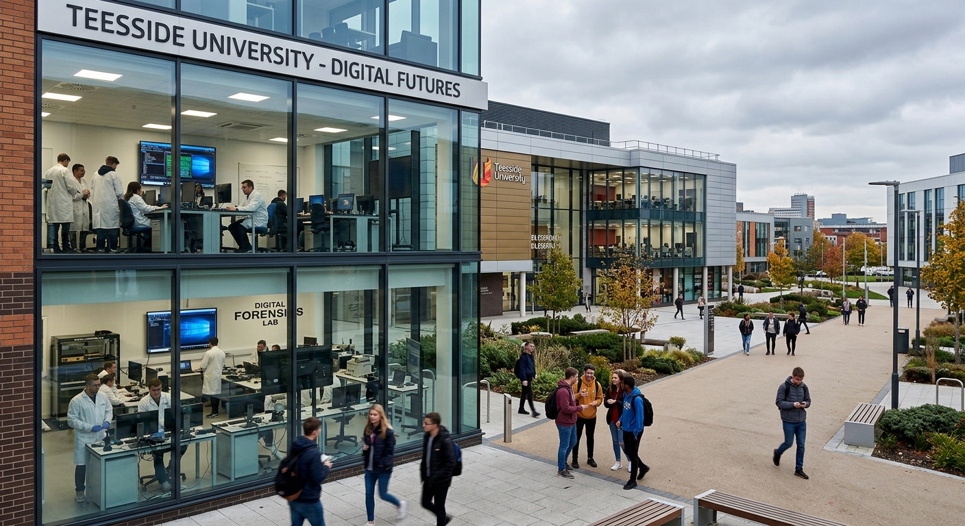 Modern Teesside University campus in Middlesbrough with contemporary glass buildings, digital forensics laboratory equipment visible through windows, students walking across a landscaped courtyard, overcast English sky