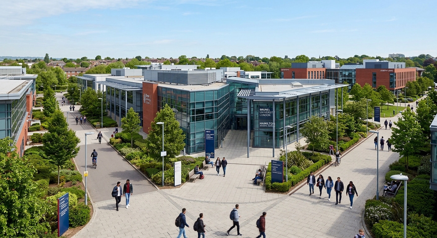 Modern Brunel University London campus in Uxbridge with contemporary academic buildings, green landscaped grounds, students walking between lecture halls, clear sky over west London suburban setting