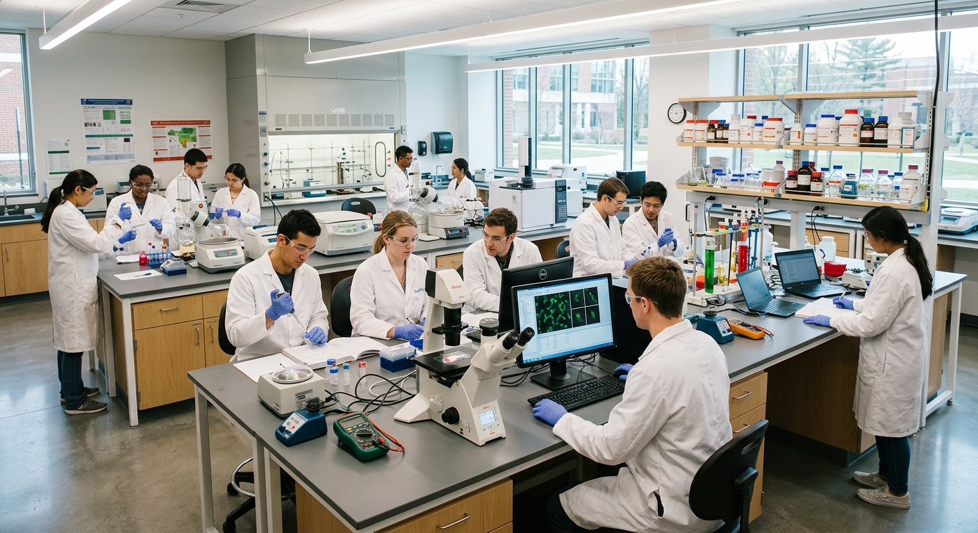 Modern university science laboratory with students working at benches, bright lighting, advanced equipment and computer workstations
