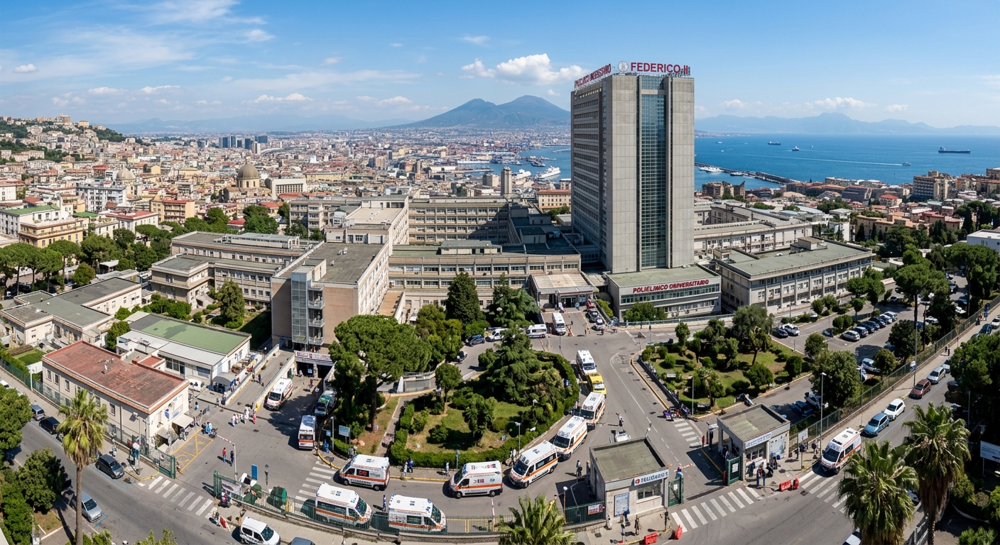 Federico II University Hospital Policlinico building, multi-story medical complex with a tall tower, medical campus with ambulances and green areas, panoramic view of Naples in the background