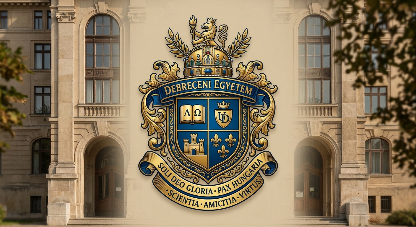 University of Debrecen official logo, blue and gold crest with Latin text and academic shield design