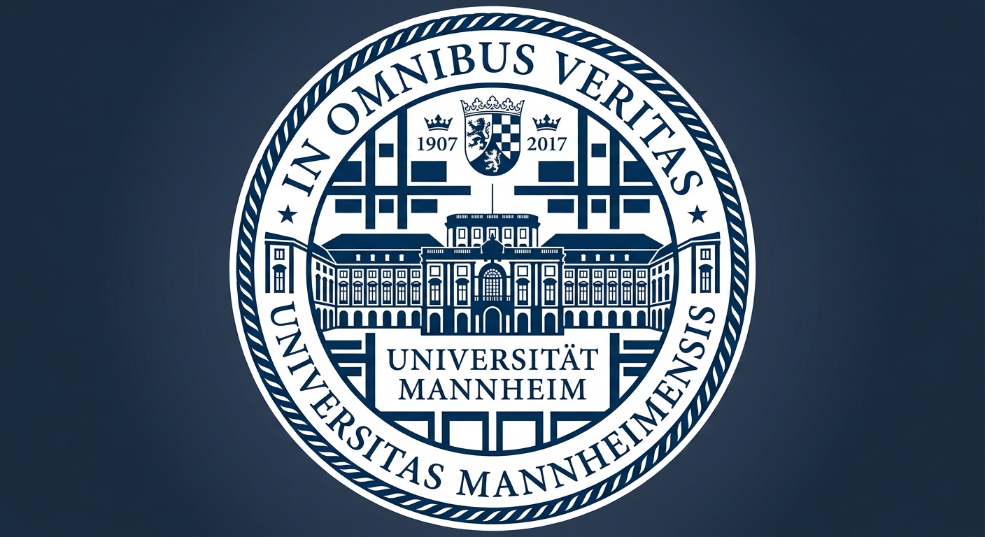 University of Mannheim official logo featuring the Mannheim Palace and grid-pattern city layout, circular seal with Latin motto In Omnibus Veritas, dark blue and white color scheme