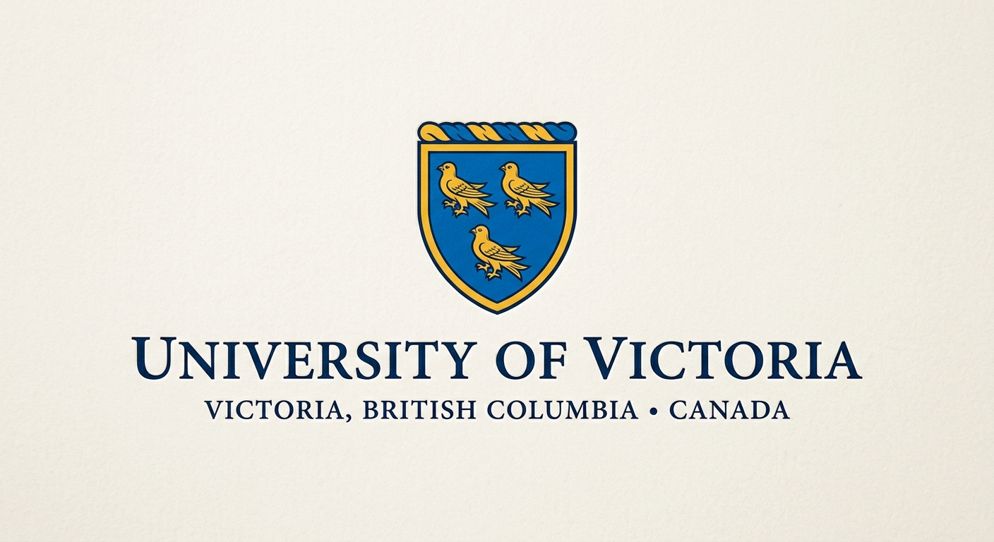 University of Victoria official logo featuring a shield with three martlets (heraldic birds) in blue and gold, with the university name in serif font
