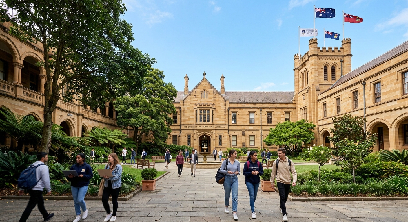University of Notre Dame Australia Sydney campus historic sandstone buildings with students walking through courtyard, Australian flag, lush greenery, clear blue sky