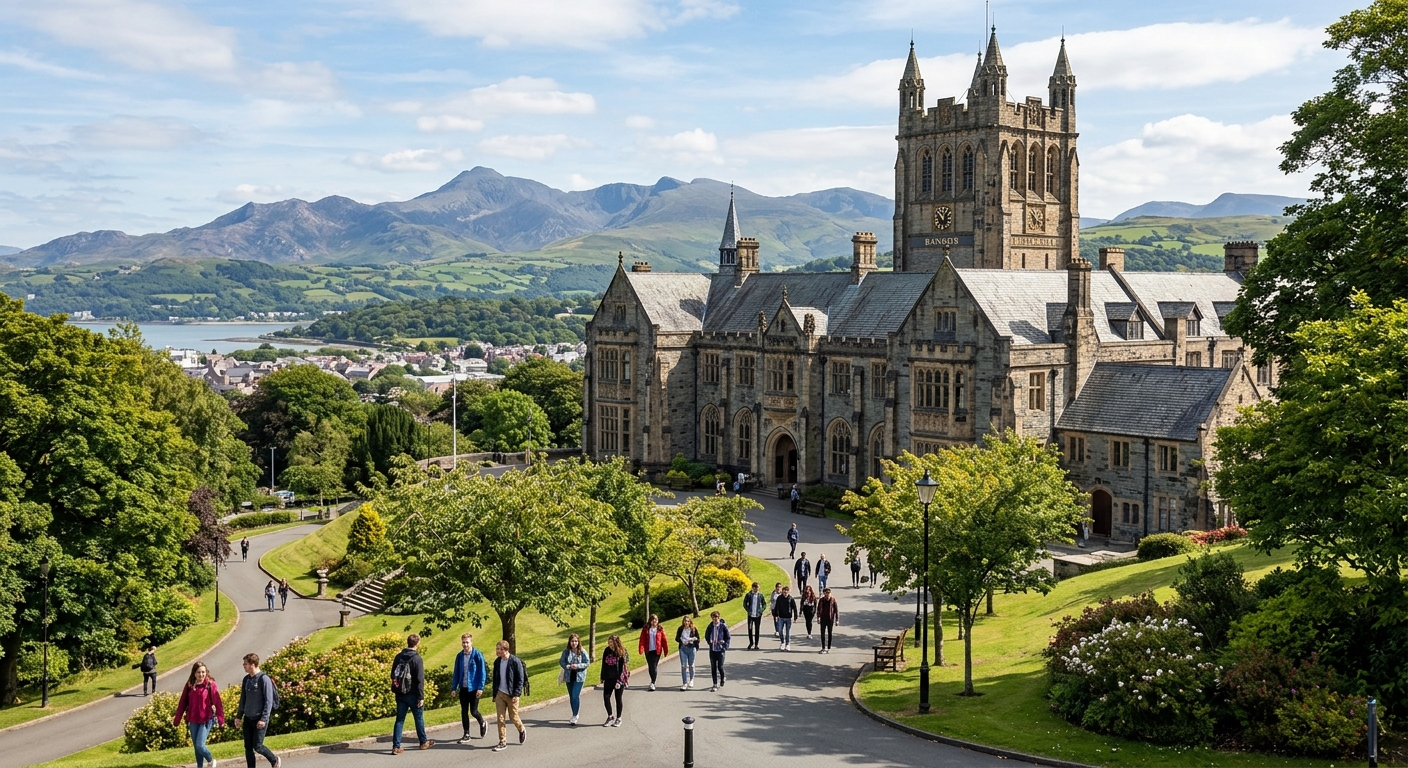 Historic Grade I listed main building of Bangor University with neo-Gothic architecture, set against the backdrop of Snowdonia mountains and green Welsh landscape, students walking along tree-lined paths on campus