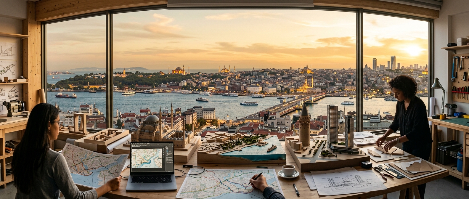 Panoramic view of Istanbul skyline with historic mosques and modern buildings along the Bosphorus, urban design studio with architectural models and city maps in foreground, warm golden hour light