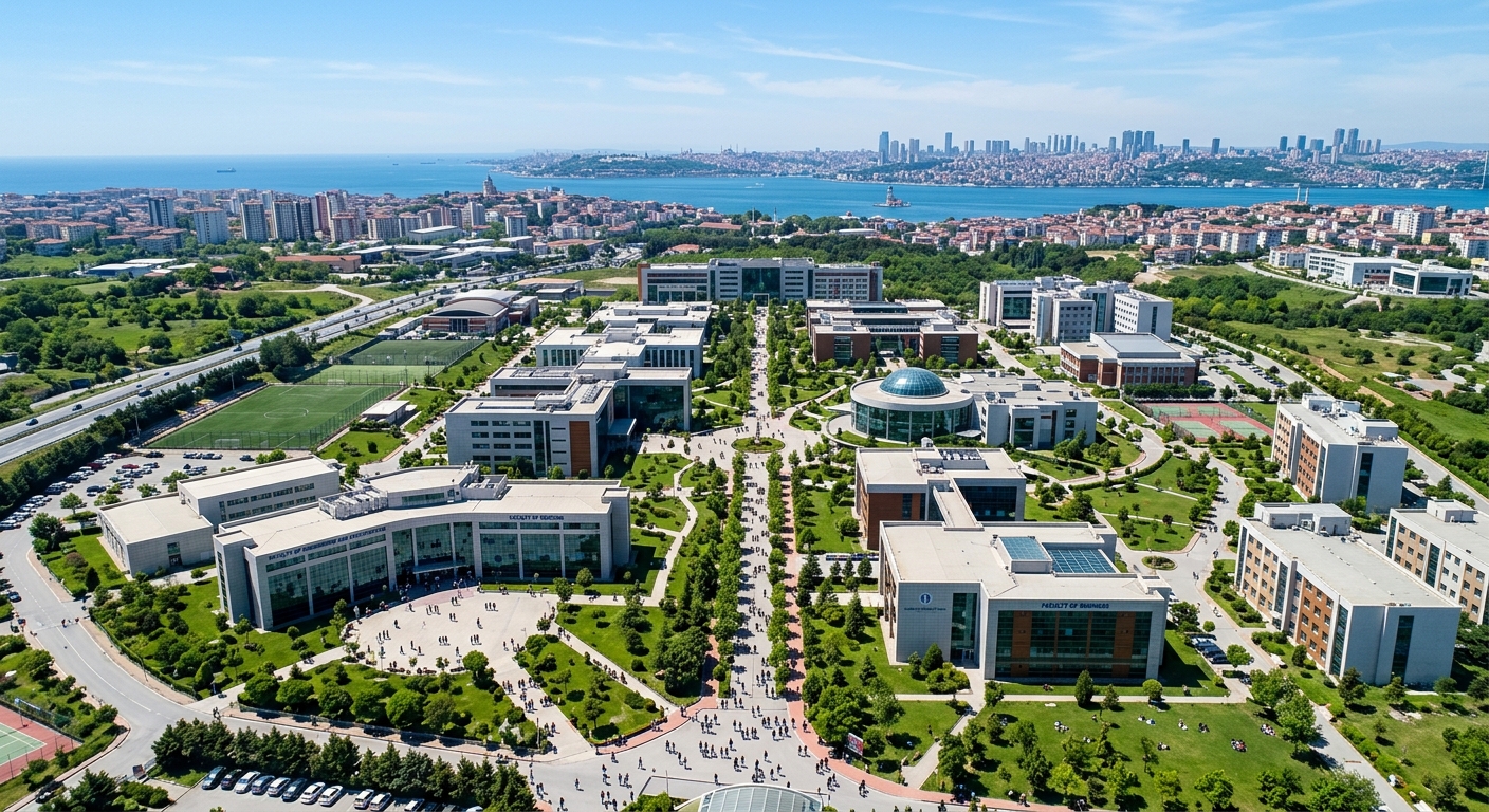 Modern Istanbul Okan University Tuzla campus aerial view with contemporary academic buildings, green landscaped grounds, students walking between faculties, Istanbul skyline in the background under clear blue sky